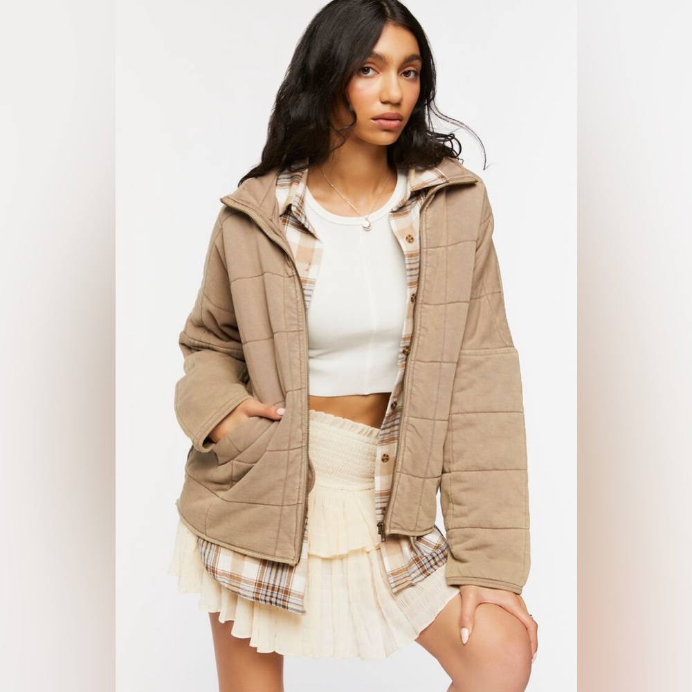 Forever21 Zip Up Quilted Jacket Taupe NWT Sold Out Online